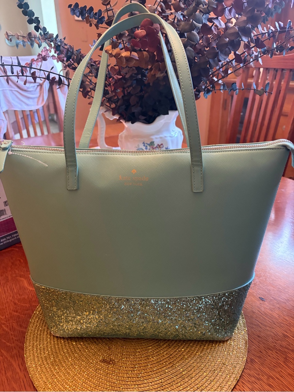 kate spade Madison turquoise Glitter Bottom Tote has corner wear only